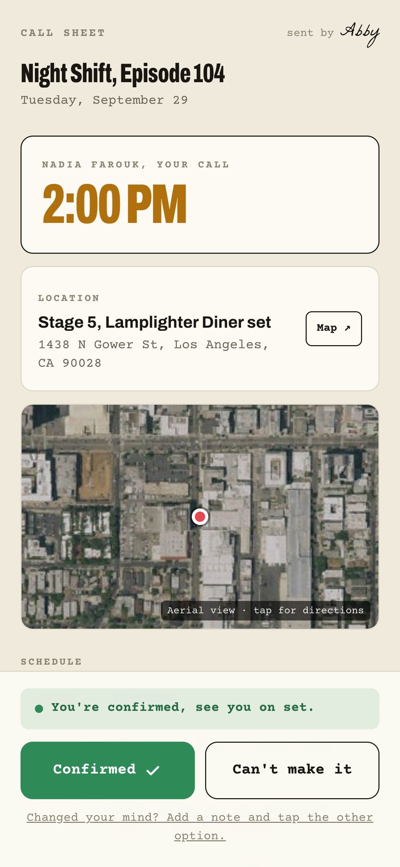 A crew member's call time and location, with a one-tap Confirm button