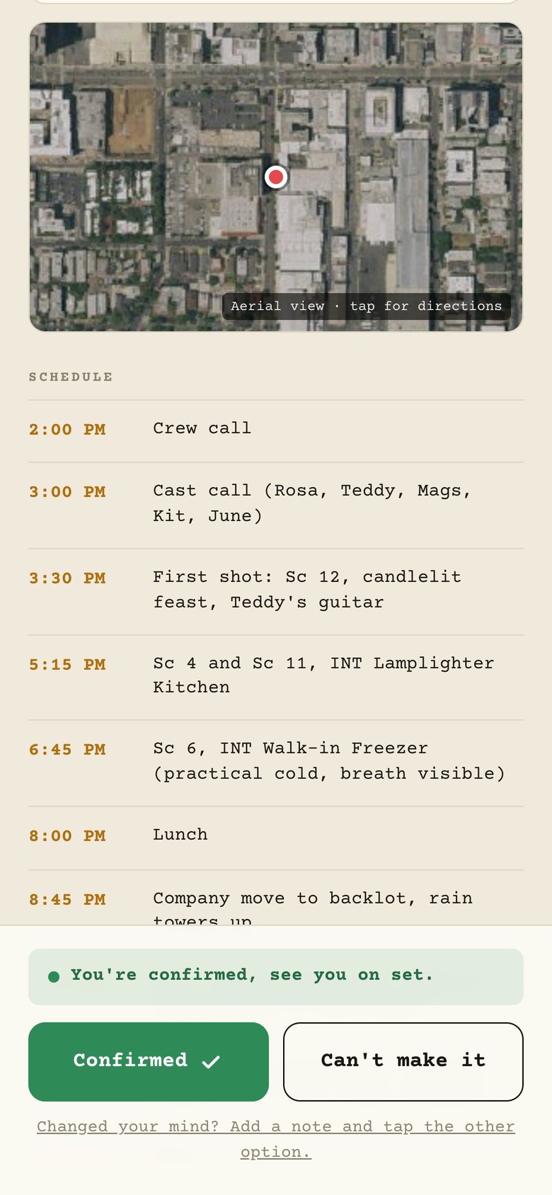 The location with an aerial map and the day's schedule