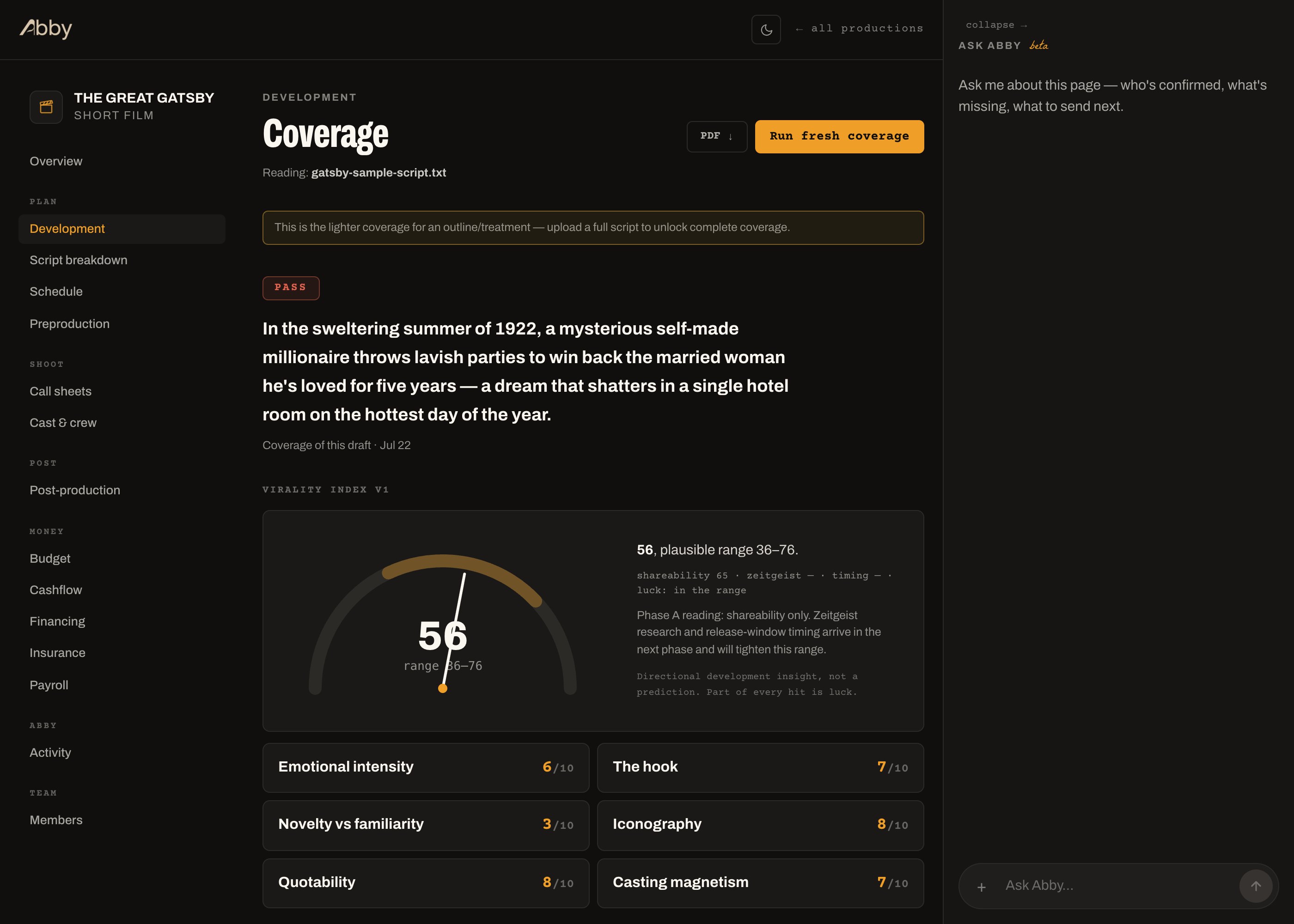 Abby’s script coverage: verdict, scores, and the Virality Index