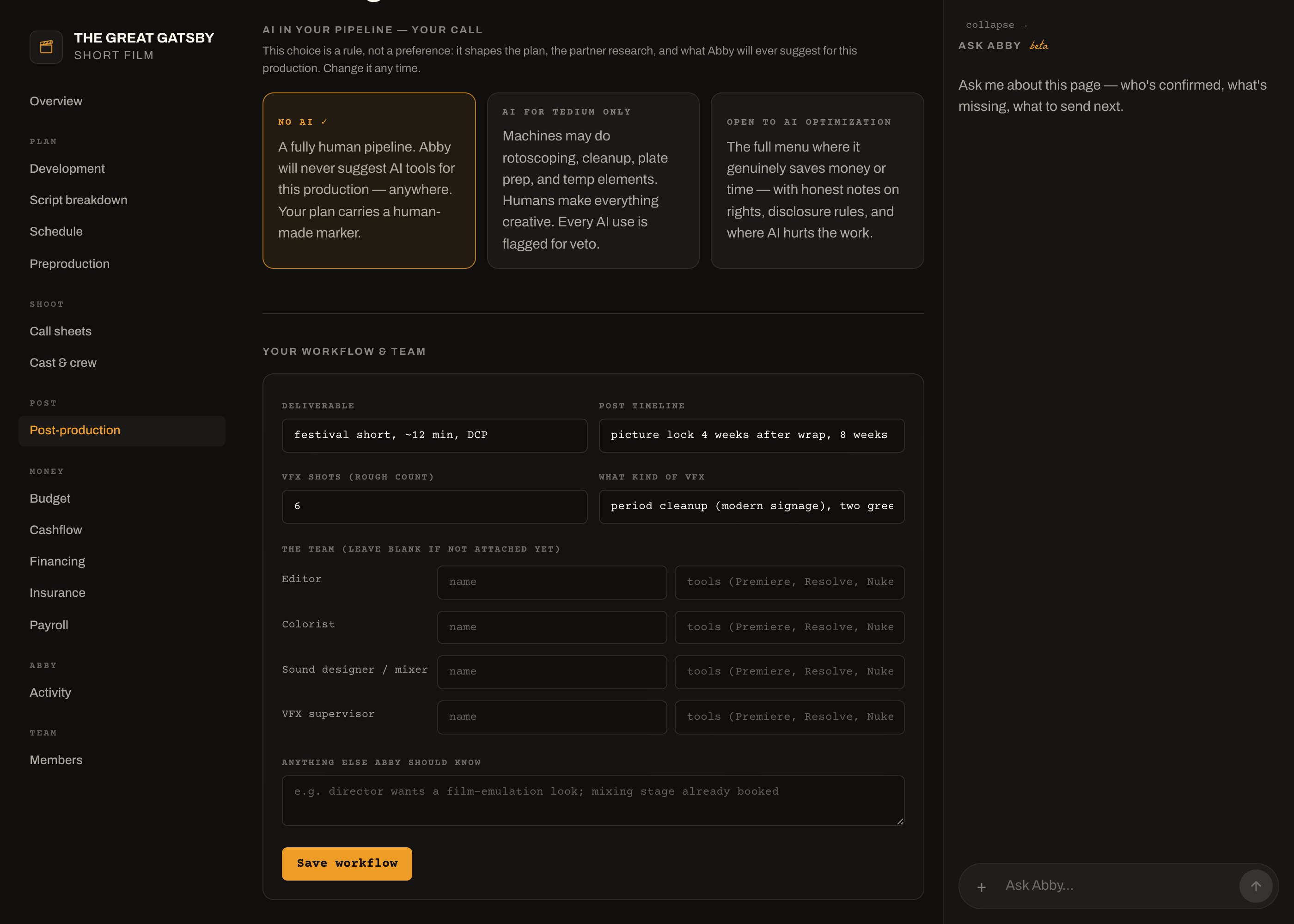 Abby’s post-production plan: phases, the VFX approach, and the AI stance